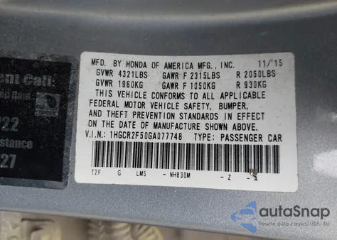 2016 Honda Accord Sport from USA, damaged, VIN 1HGCR2F50GA077748